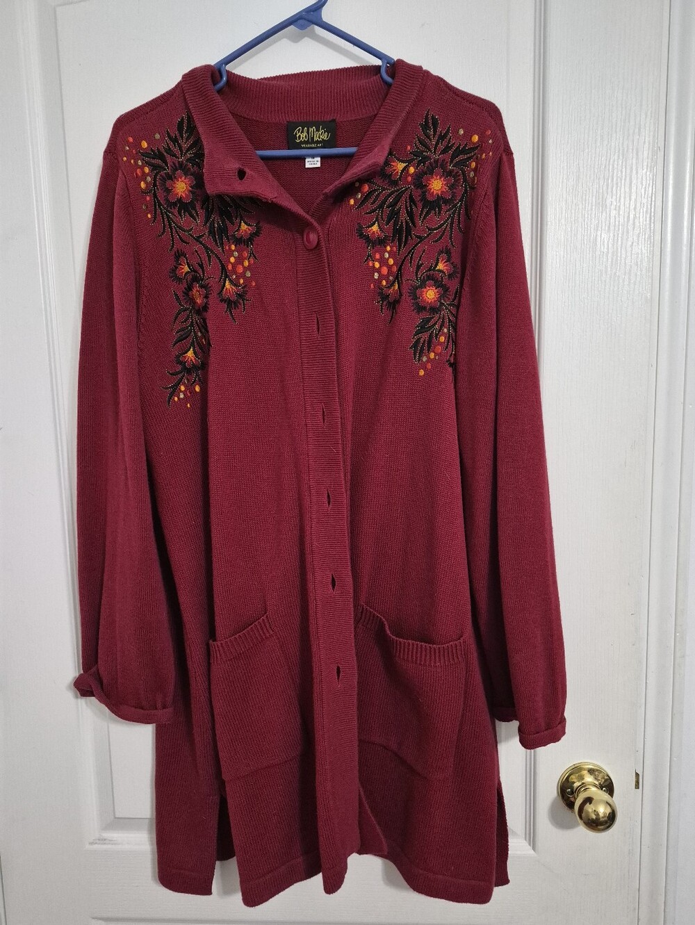 Bob Mackie Designer Maroon Red Embroidered Button Front Cardigan Coat Size 1XL